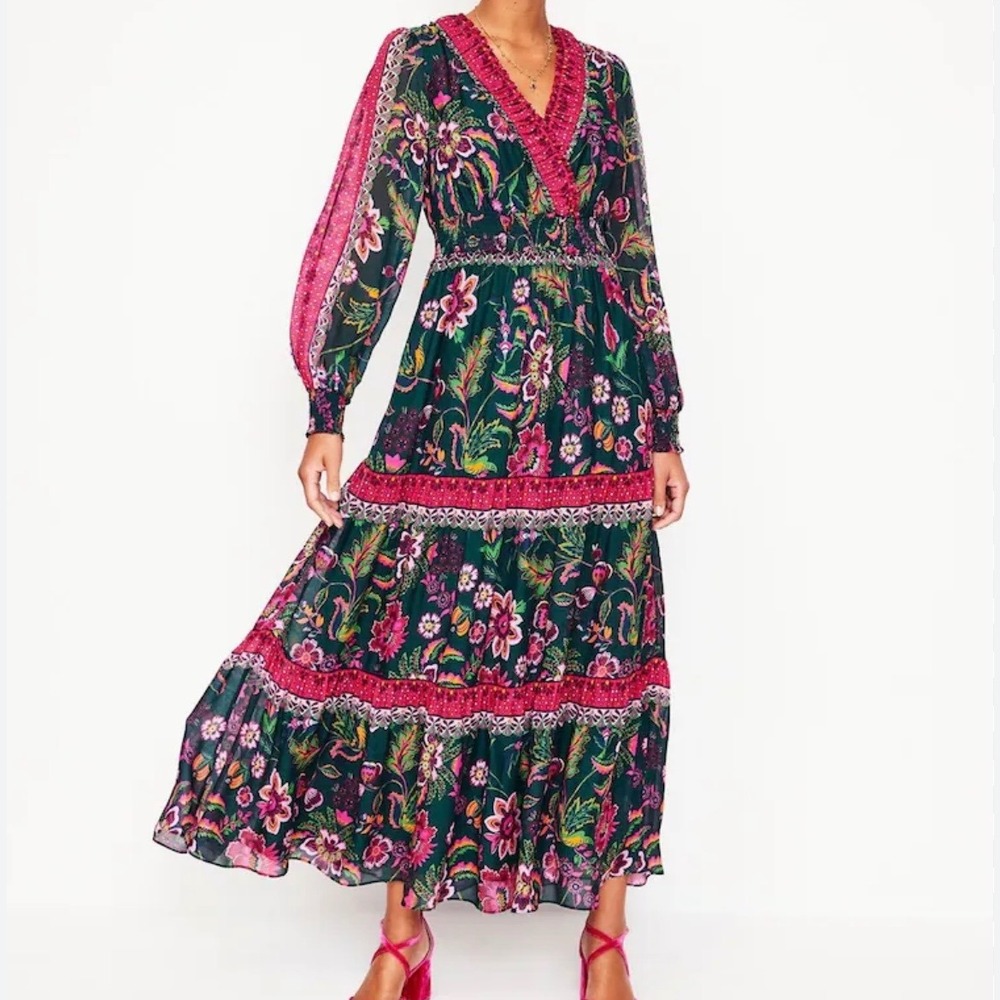 Boden Floral Tiered Maxi Dress in Navy and Magenta